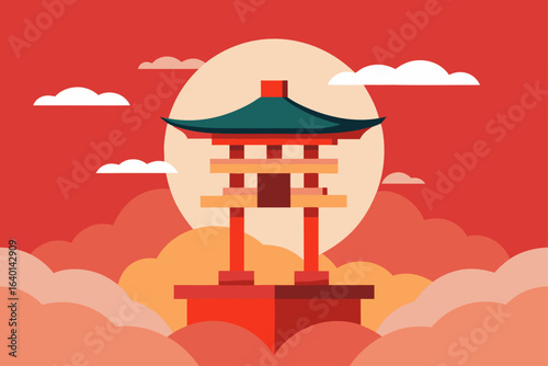 Vector illustration of an ancient city concept with castle, lanterns, and a sky full of cartoon clouds