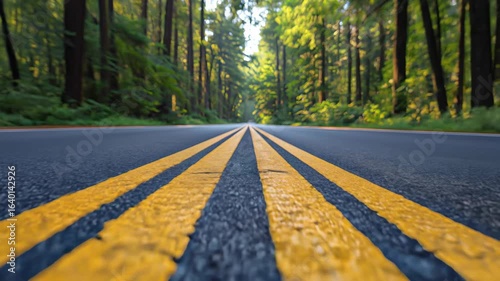 Video background. The camera moves quickly along the ground on a road with yellow lines that runs through a lush forest.