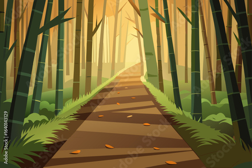 Sunlight filters through a serene bamboo corridor, casting long shadows on ancient stone columns and a winding path inside a temple