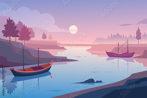 A tranquil sunset reflects on the water as a lone boat sails toward the horizon, surrounded by a dramatic sky and coastal landscape