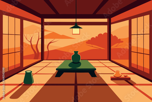 Illustration of a serene Japanese garden with a yoga position in an empty, modern interior room with a large window and a view