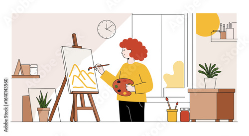Creative artist painting mountains on canvas, expressing artistic talent and passion in home studio