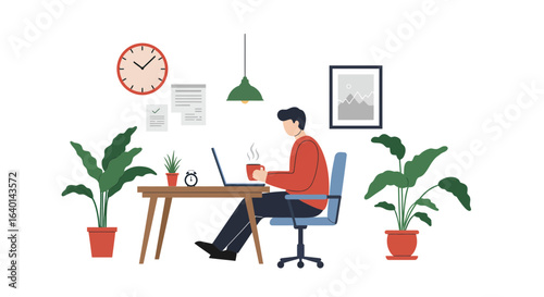 Remote worker enjoying coffee break while working from home with plants and laptop on desk in modern office