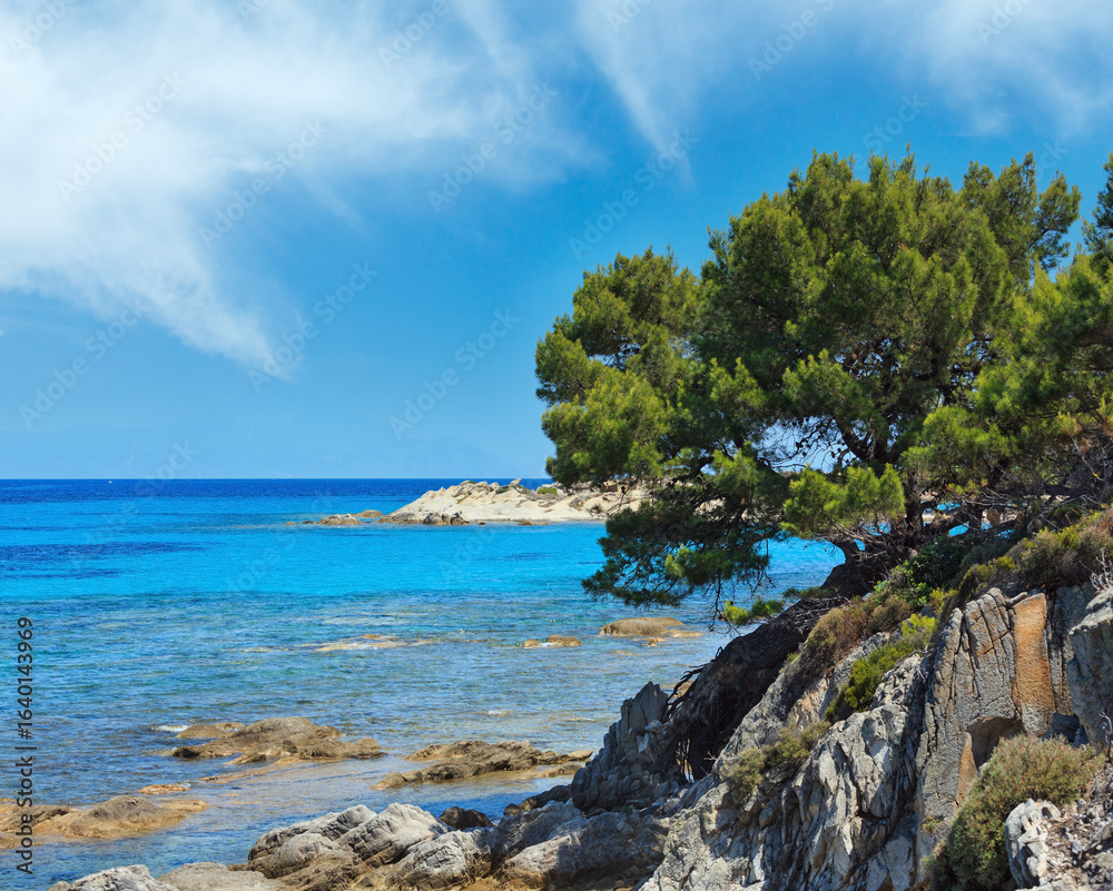 Fototapeta premium Aegean sea coast landscape, view near Karidi beach (Chalkidiki, Greece).