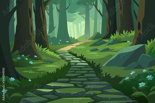 Tropical summer landscape with lush green trees and foliage in a sun-drenched forest