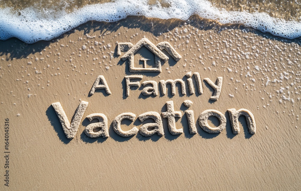 Fototapeta premium Property investment is conceptualized through the image of a house and family on the sand beach