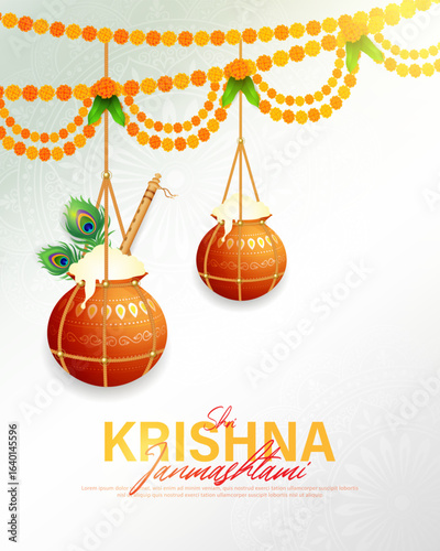 Happy Krishna Janmashtami festival poster template design with dahi handi and peacock feather.