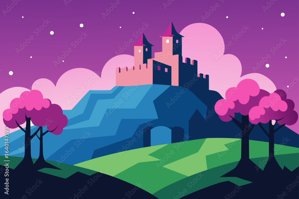 Fototapeta premium A vibrant vector illustration of a cartoon night city landscape with a detailed house and urban buildings under a dark sky