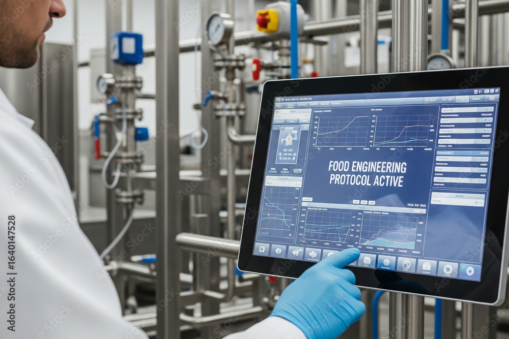 Fototapeta premium Food engineering specialist monitoring an automated production line using a digital tablet with a process control protocol active on the graphical user interface