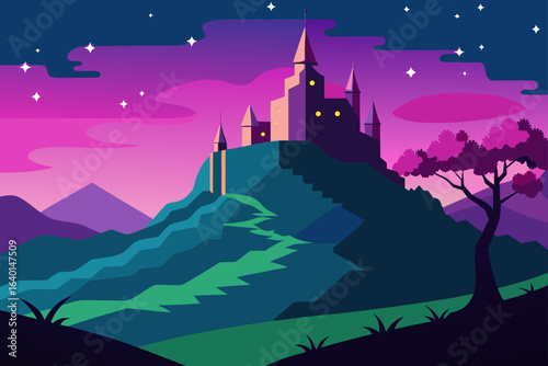 A dark castle on a hill is silhouetted against a starry night sky, with a single light shining from a window