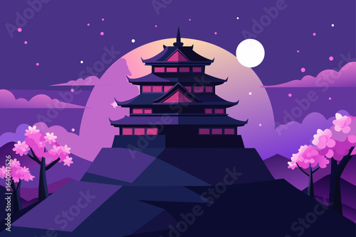Moonlight illuminates a haunted silhouette of a Japanese castle, its architecture a dark cartoon against the winter night sky