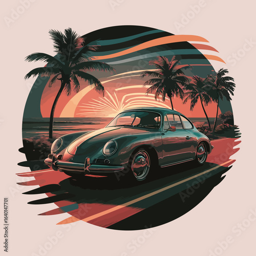 A captivating 3D render of a vintage car t-shirt design