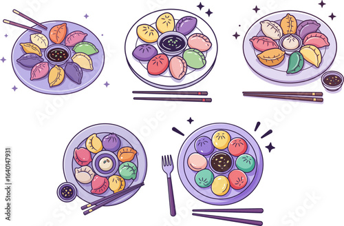 Colorful dumplings assortment on plates with chopsticks and sauces  