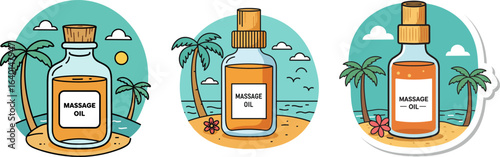 Bottles of massage oil on tropical beach background with palm trees  