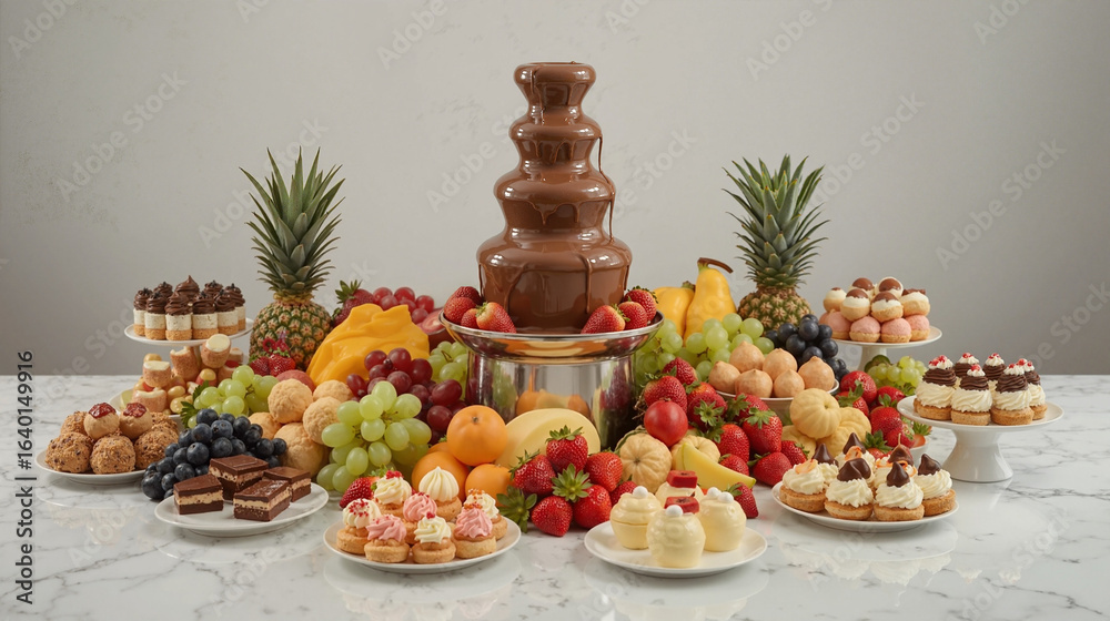 Naklejka premium Chocolate fountain surrounded by fresh fruit, mini cakes, and assorted pastries.
