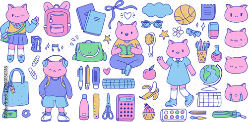 Cute schoolgirl kittens with school supplies set. Adorable cats with books, backpacks, pencils, and classroom accessories. Vector illustration for children’s designs, education materials, stationery