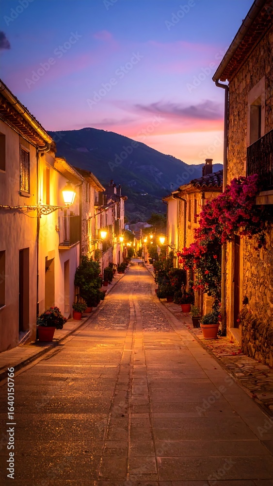 Obraz premium Cobblestone street at twilight in a quaint village.