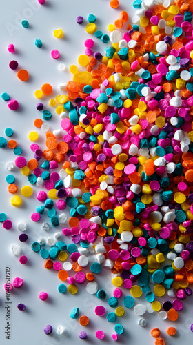 Pile of small colorful plastic granules in mixed vibrant hues on light background