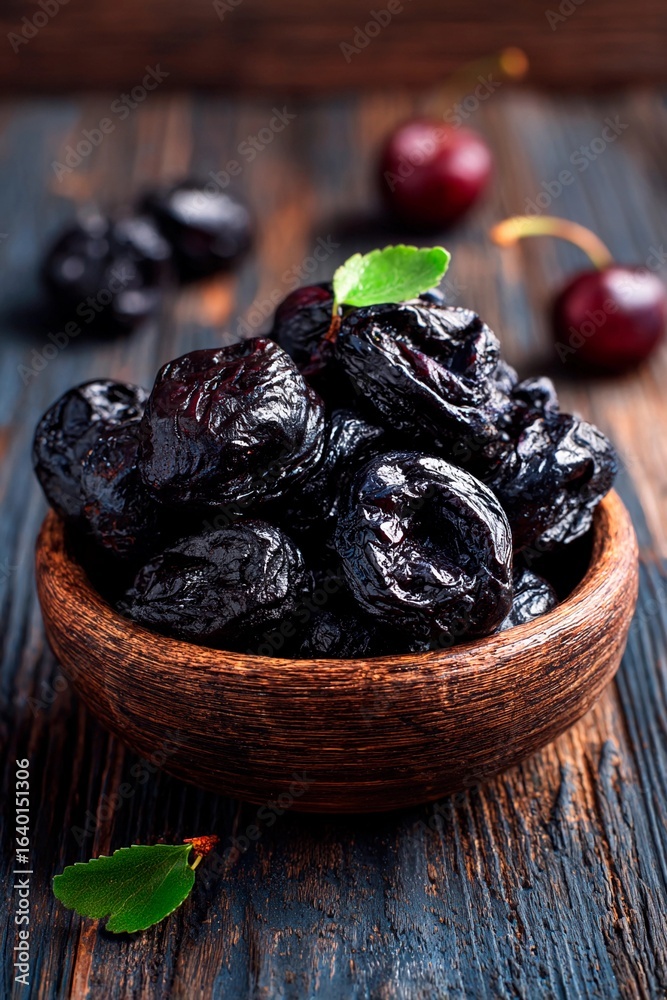 A bowl filled with glossy dried plums showcases their rich color and texture. Fresh cherries scattered around enhance the rustic setting, captured in soft natural light in the afternoon A bowl filled with glossy dried plums showcases their rich color and texture. Fresh cherries scattered around enhance the rustic setting, captured in soft natural light in the afternoon