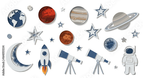 Illustration of space elements including planets and a rocket ship
