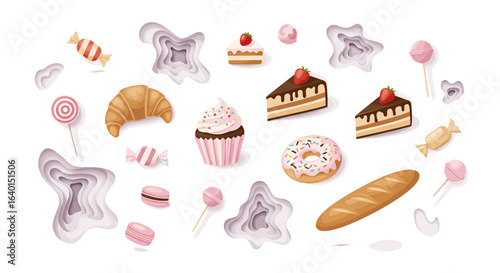 Various delicious pastries and desserts arranged on a white surface