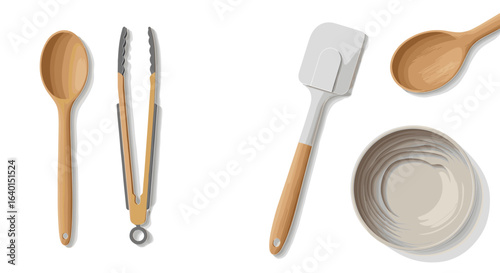 Kitchen utensils illustration with spatula and tongs isolated on white background for cooking and food design