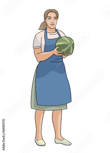 Standing vendor woman in an apron holding a watermelon in her hands
