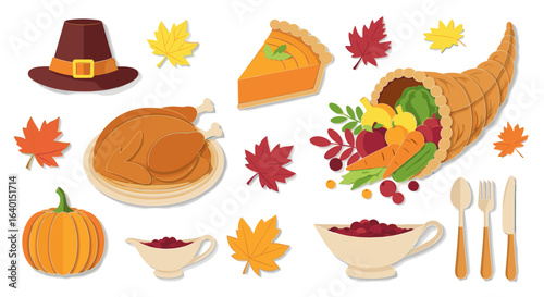 Thanksgiving dinner with turkey pie vegetables and autumn leaves 