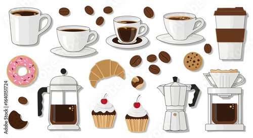 Various coffee drinks and desserts with pastries and confections