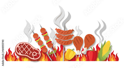 Variety of meats and vegetables grilling over open flames and smoke