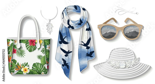 Summer accessories assortment with bag, scarf, sunglasses and hat