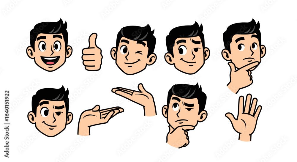 Fototapeta premium Cartoon face expressions vector set with different male character emotions