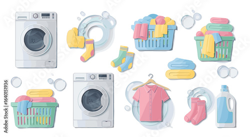 Laundry items including washing machine and folded clothes arrangement