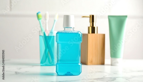 Mouthwash and oral care products on marble countertop