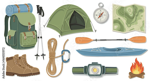 Collection of essential camping gear and equipment for outdoor trips