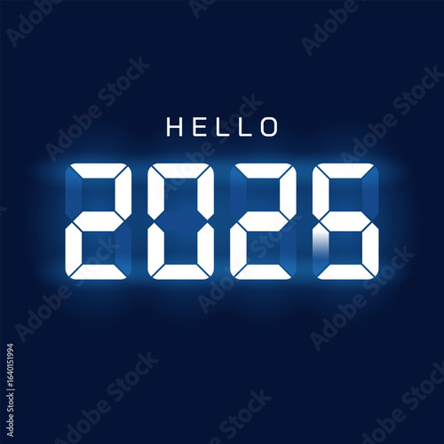 Futuristic glowing LED display with numbers 2026 and word Hello on dark blue background. Festive New Year greeting card, holiday banner, or celebration countdown design.