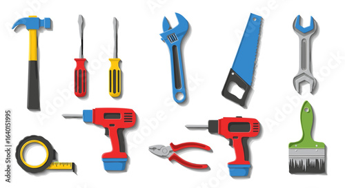Various colorful construction tools arranged on a dark background