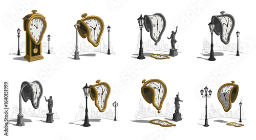 Surreal melting clocks with reflective surfaces in unique patterns