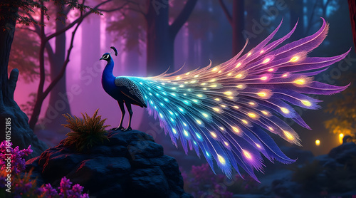 Glowing peacock with vibrant neon feathers stands on rock in mystical forest illuminated by colorful lights and soft fog