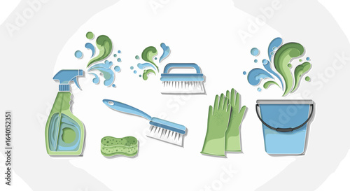 Collection of cleaning supplies with brushes and gloves on display