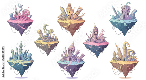 Floating islands with vibrant colors and intricate fantasy designs