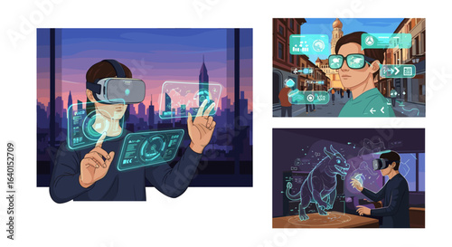 People using virtual reality technology in futuristic urban settings