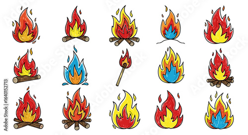 Various colorful cartoon fire illustrations with black background