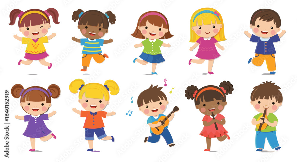Cartoon children happily dancing and playing musical instruments Cartoon children happily dancing and playing musical instruments
