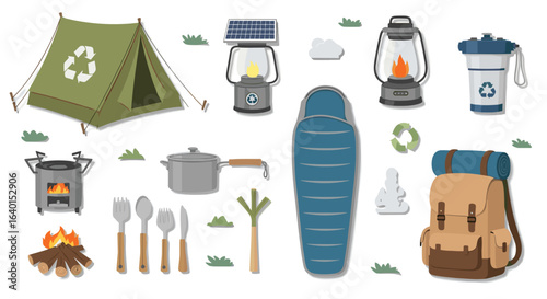 Outdoor camping equipment essentials including tent and lanterns
