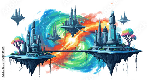 Futuristic cityscape with floating platforms and swirling colors