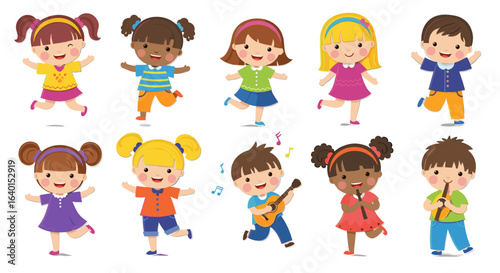 Cartoon children happily dancing and playing musical instruments