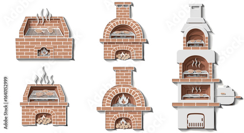 Detailed illustrations of brick and stone pizza ovens in various styles