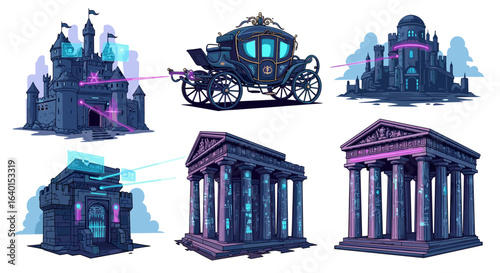 Futuristic glowing buildings and carriage in neon blue and purple hues