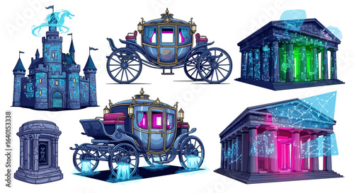 Enchanted castle and magical carriage with mystical ancient temples